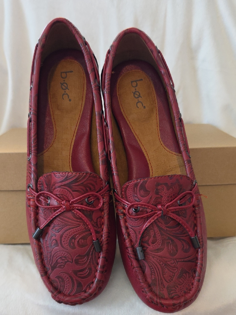 b.o.c.New Red Embossed Paisley Leather Moccasins